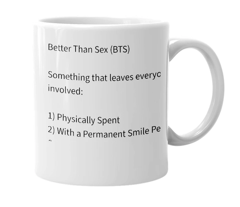 White mug with the definition of 'BTS'