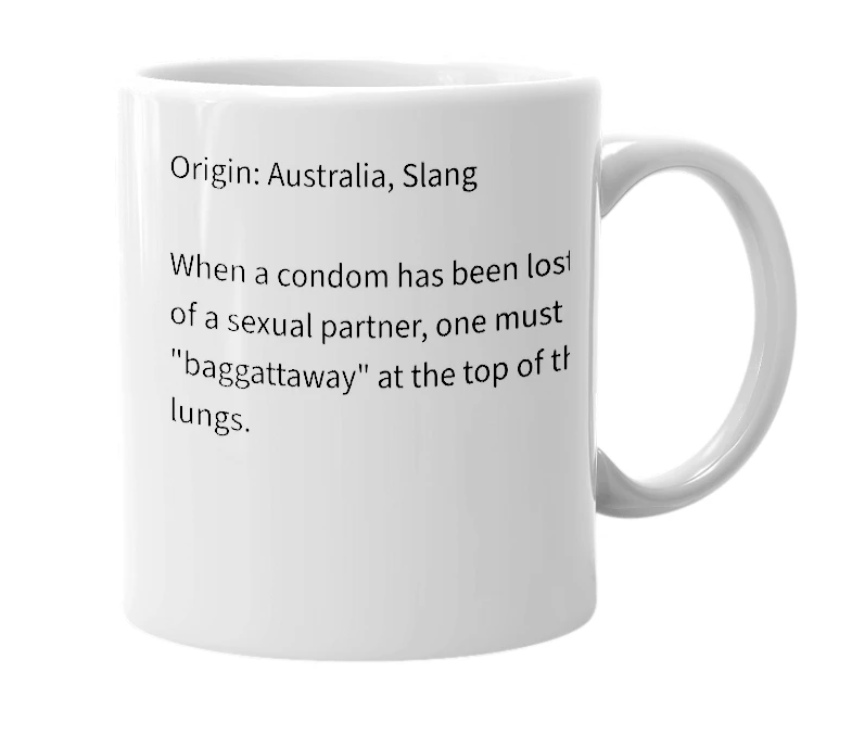 White mug with the definition of 'Baggattaway'