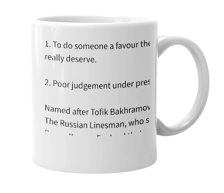 White mug with the definition of 'Bakhramov'