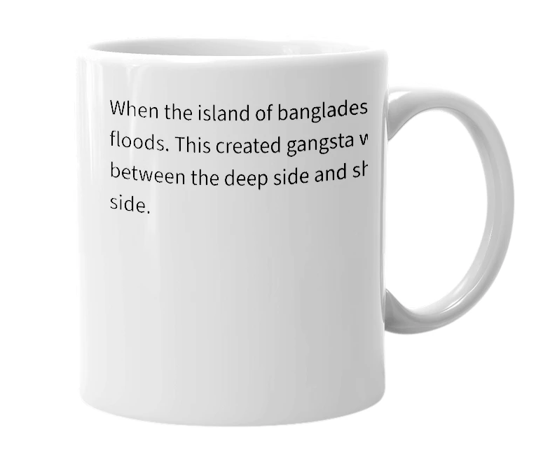 White mug with the definition of 'Bangladeshi Flood'