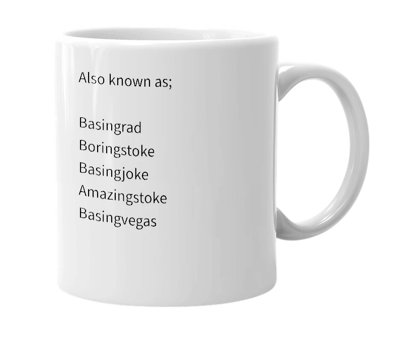 White mug with the definition of 'Basingstoke'