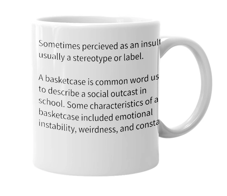 White mug with the definition of 'Basketcase'