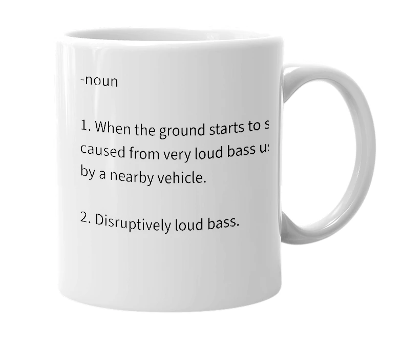 White mug with the definition of 'Bassquake'