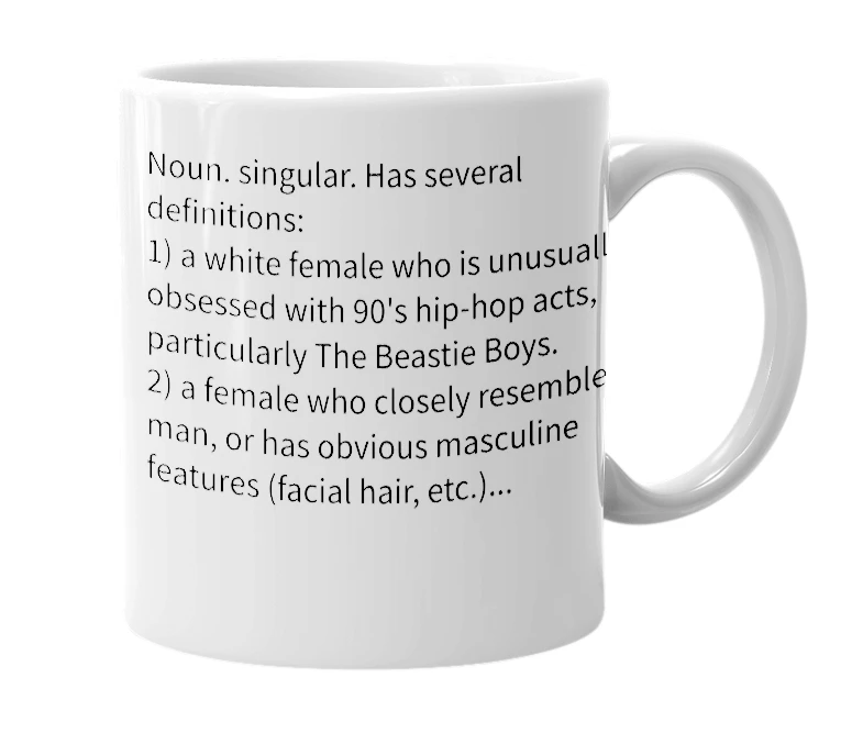 White mug with the definition of 'Beastie Bitch'