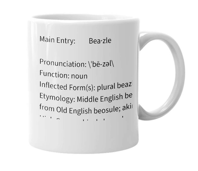 White mug with the definition of 'Beazle'