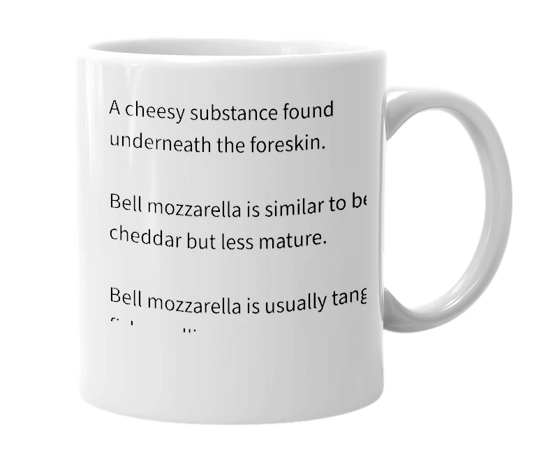 White mug with the definition of 'Bell Mozzarella'