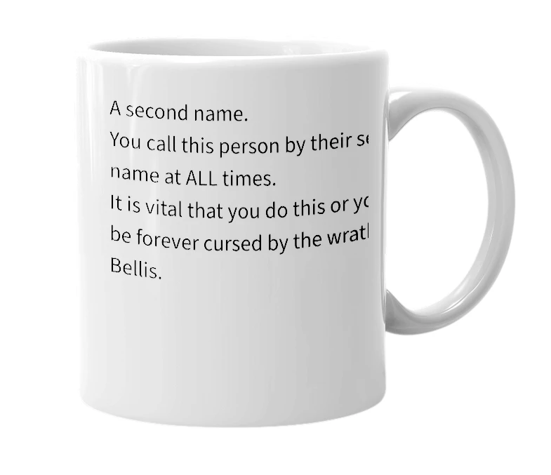 White mug with the definition of 'Bellis'