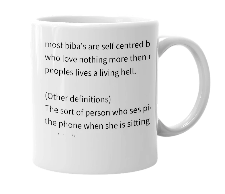 White mug with the definition of 'Biba'