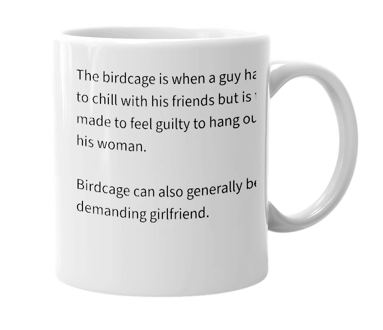 White mug with the definition of 'Birdcage'