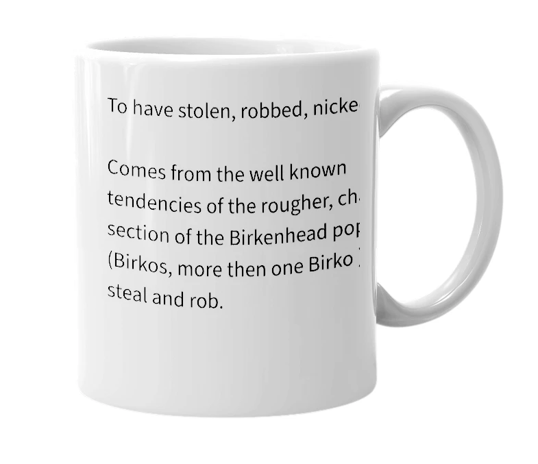 White mug with the definition of 'Birkoed'