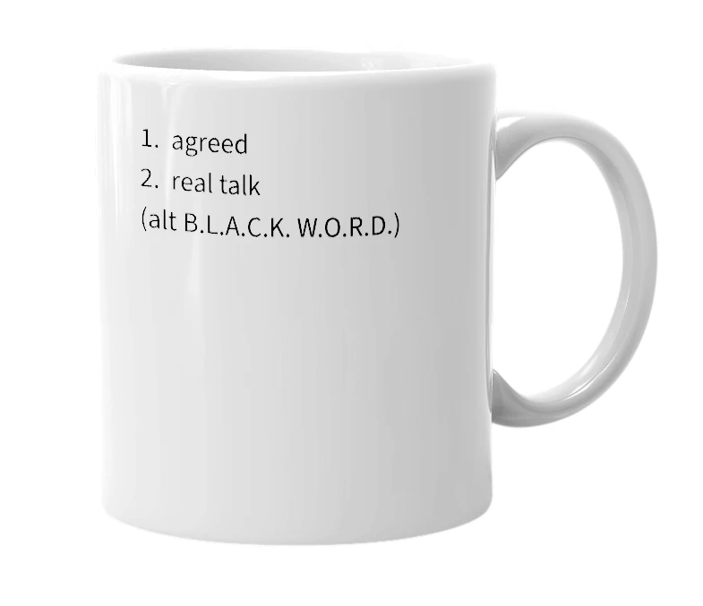 White mug with the definition of 'Black Word'