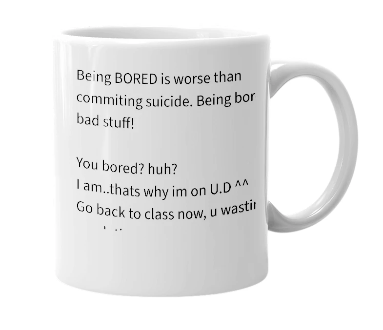 White mug with the definition of 'Bored'