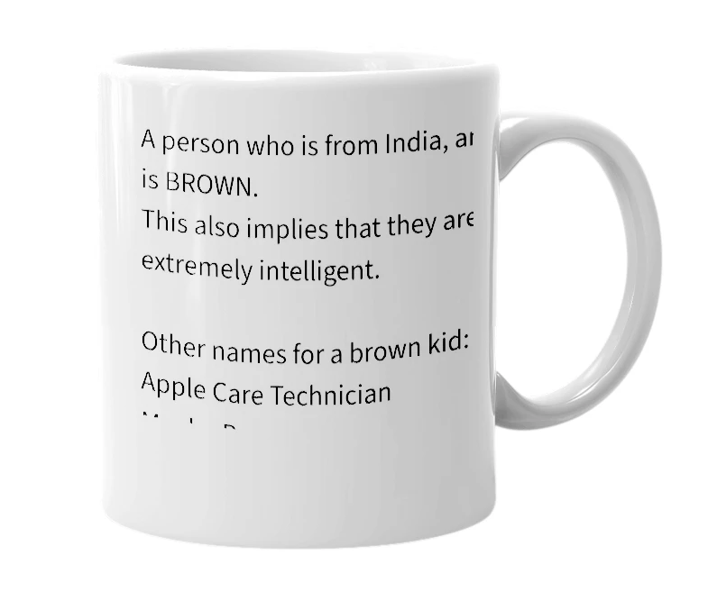 White mug with the definition of 'Brown Kid'