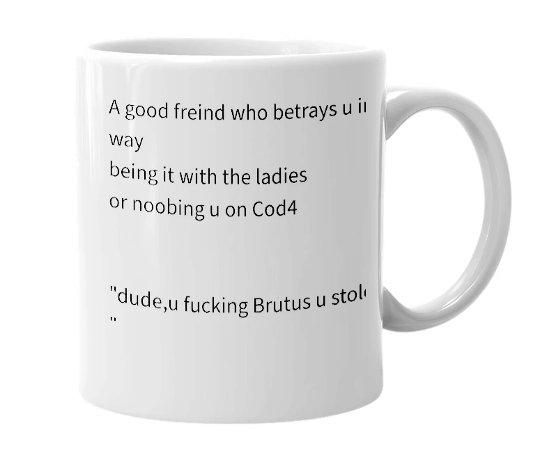 White mug with the definition of 'Brutus'