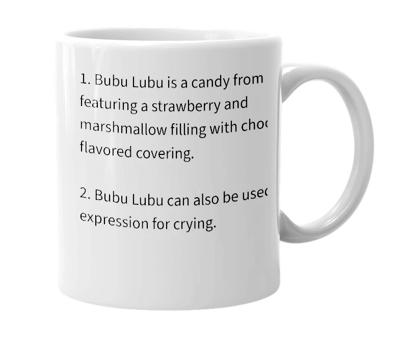 White mug with the definition of 'Bubu Lubu'