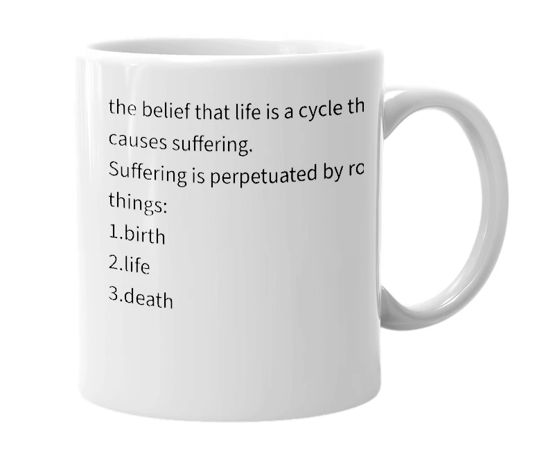 White mug with the definition of 'Buddhism'