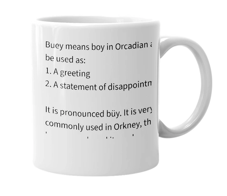 White mug with the definition of 'Buey'