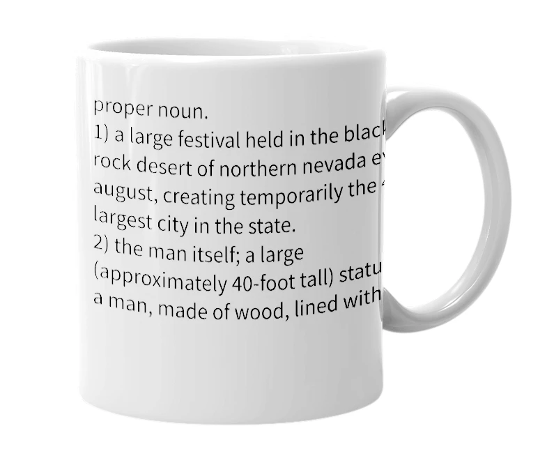 White mug with the definition of 'BurningMan'