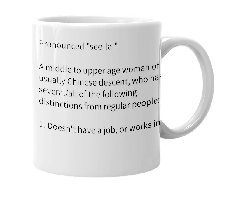White mug with the definition of 'C-lai'