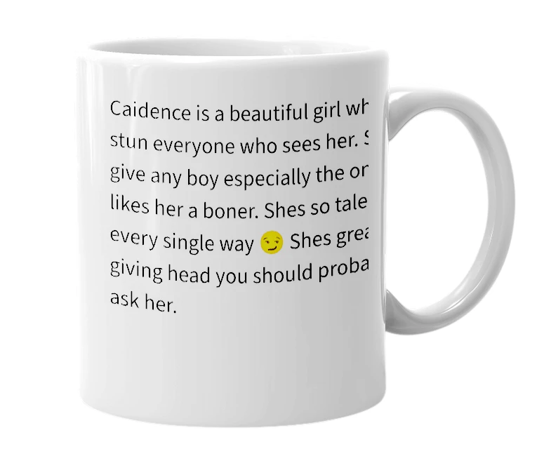 White mug with the definition of 'Caidence'