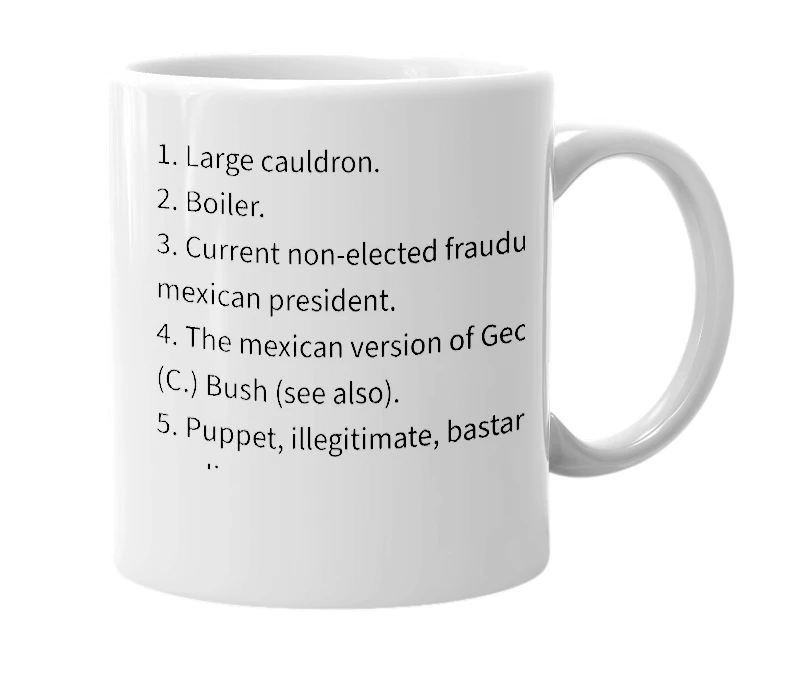 White mug with the definition of 'Calderón'