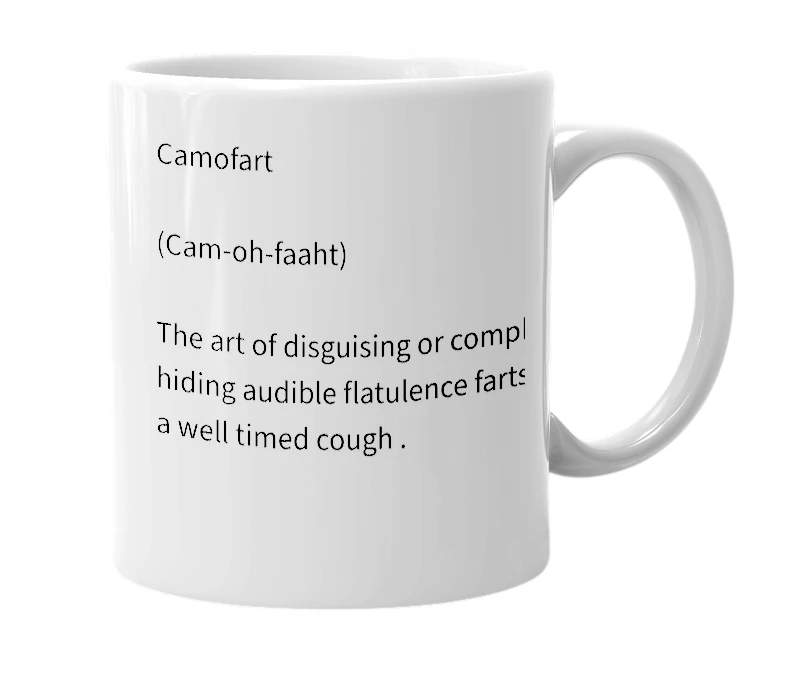 White mug with the definition of 'Camofart'