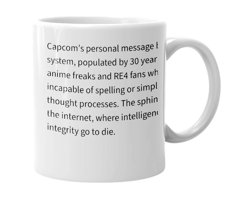 White mug with the definition of 'Capcom BBS'