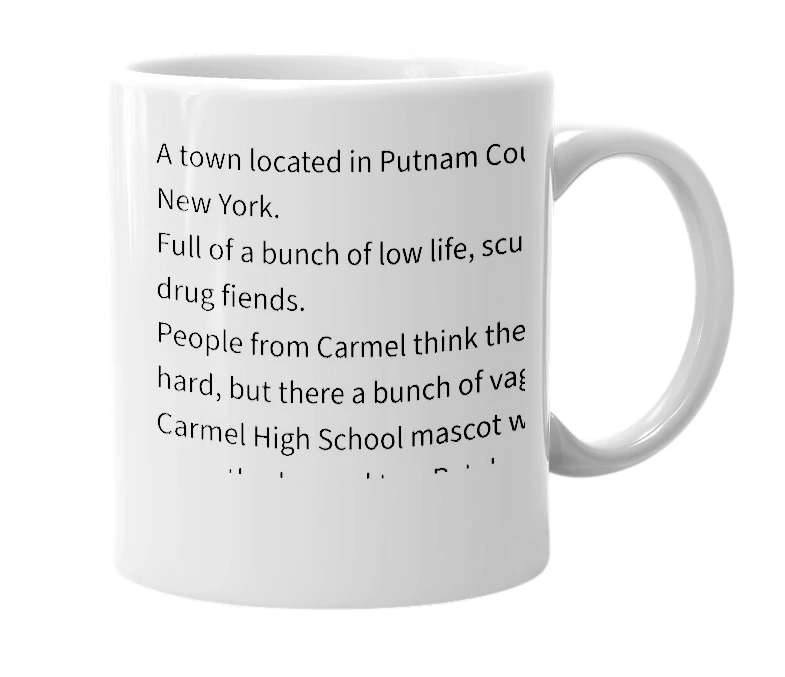 White mug with the definition of 'Carmel NY'