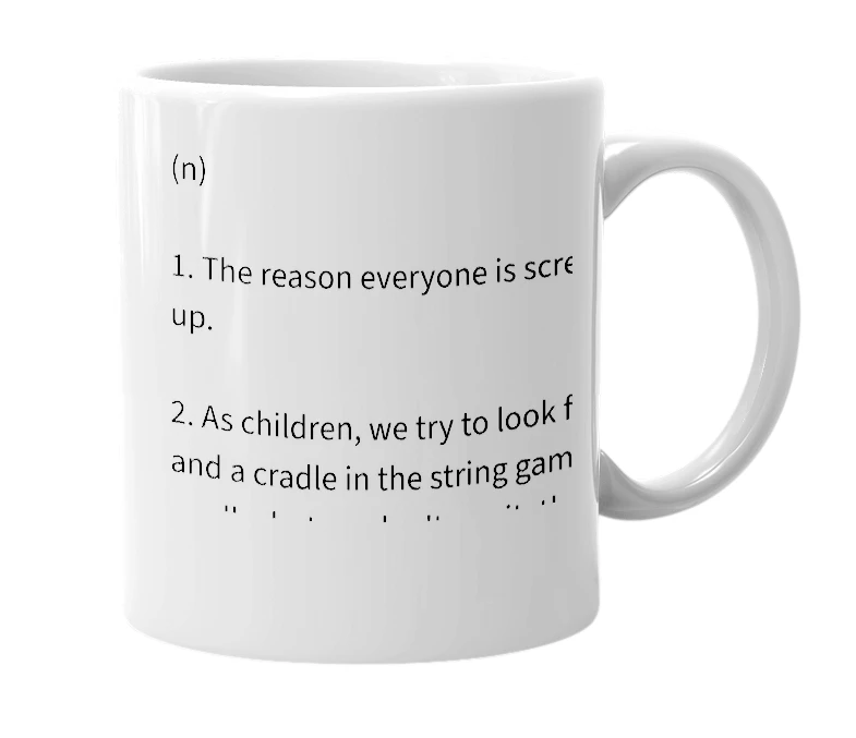 White mug with the definition of 'Cat's Cradle'