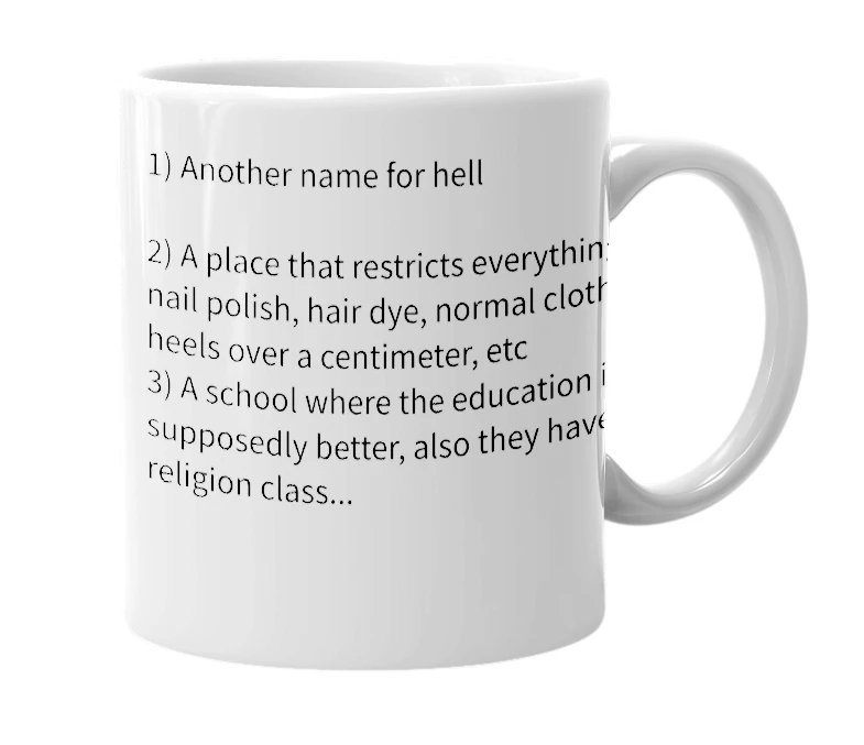 White mug with the definition of 'Catholic School'