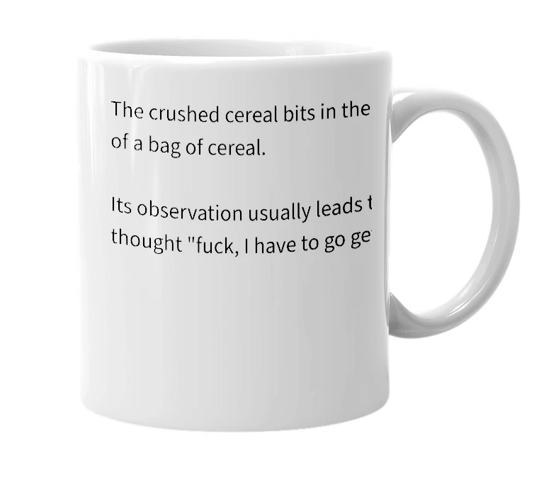 White mug with the definition of 'Cereal Powder'