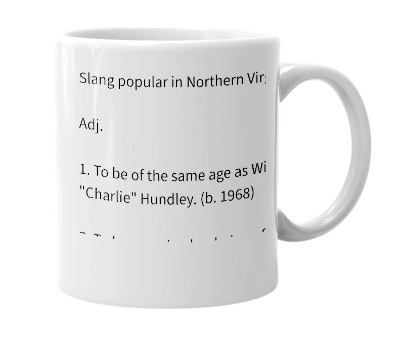 White mug with the definition of 'Charlie-old'