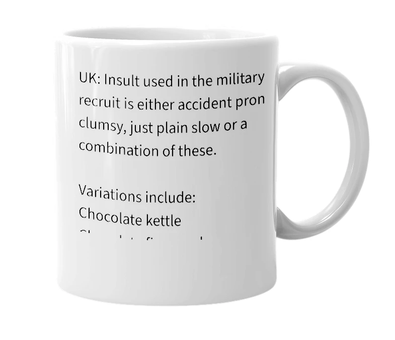 White mug with the definition of 'Chocolate teapot'