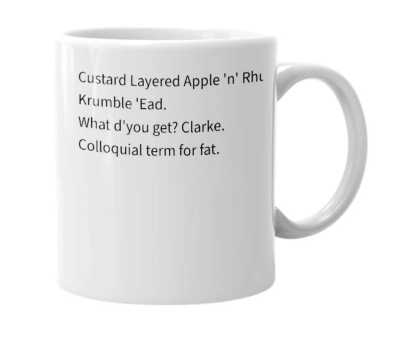 White mug with the definition of 'Clarke'