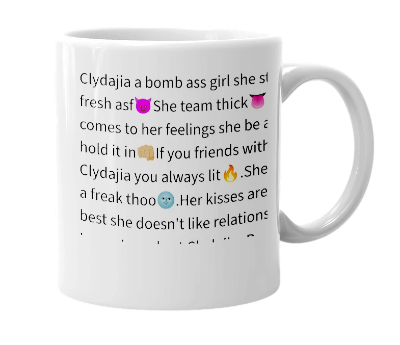 White mug with the definition of 'Clydajia'