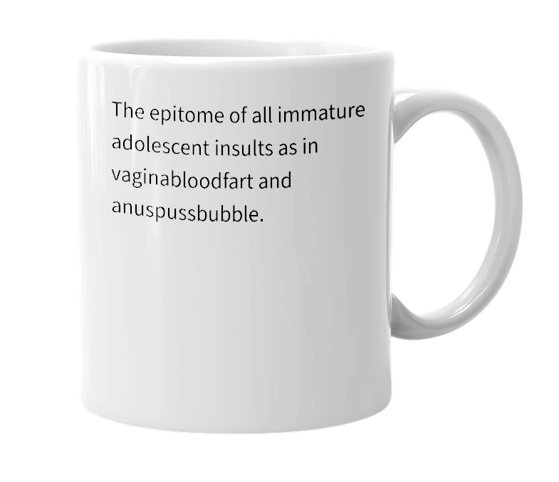 White mug with the definition of 'Cockmouthpoopslide'