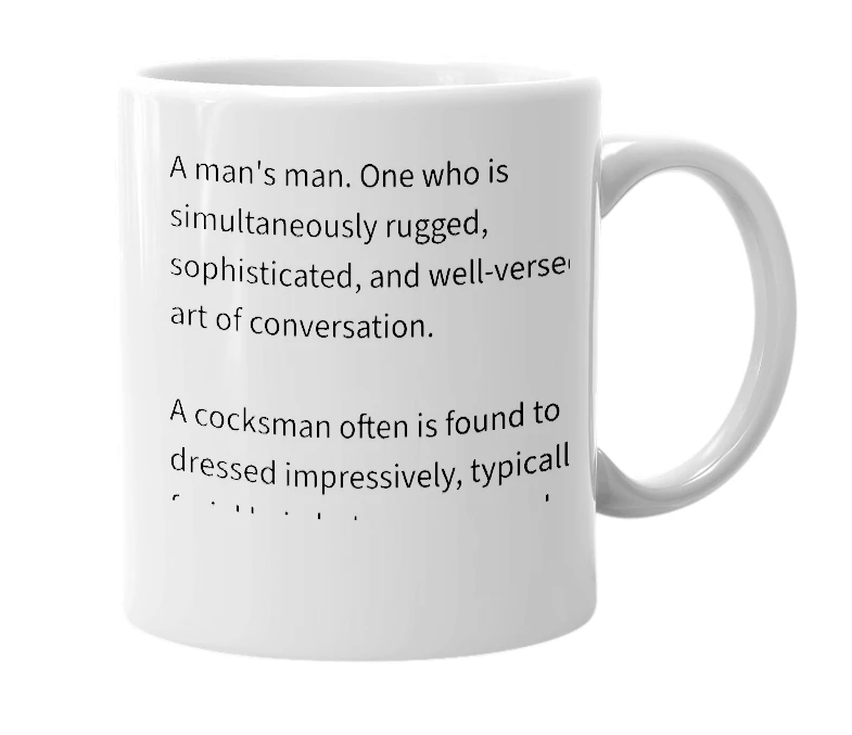 White mug with the definition of 'Cocksman'