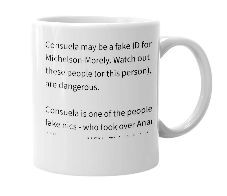 White mug with the definition of 'Consuela'