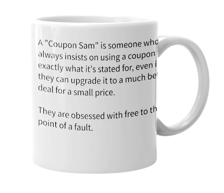 White mug with the definition of 'Coupon Sam'