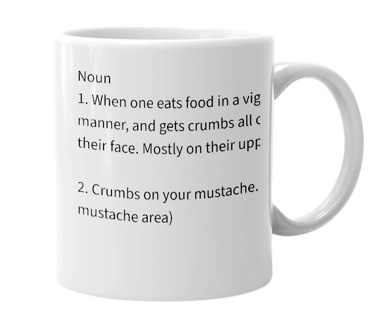 White mug with the definition of 'Crumbstache'