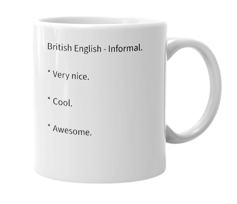 White mug with the definition of 'Cushty.'