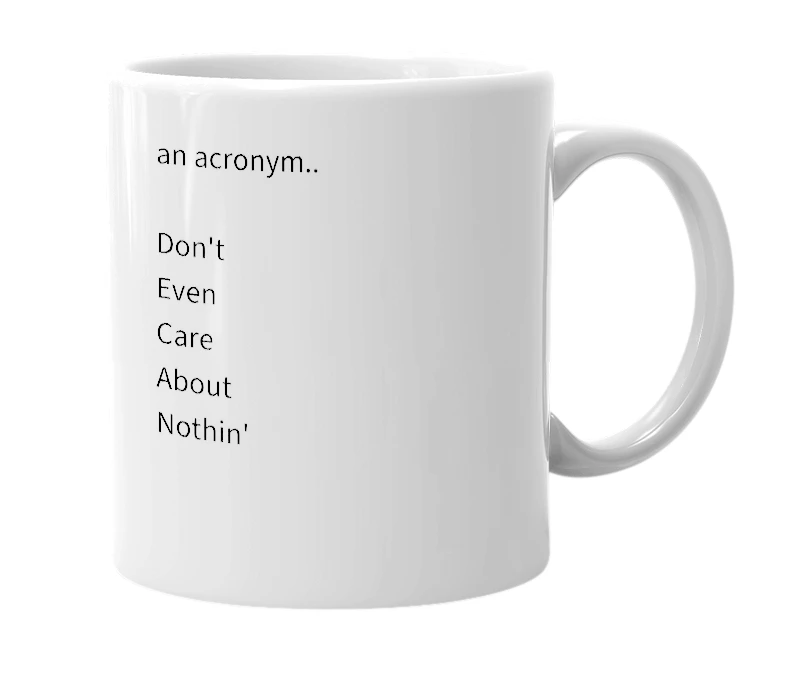 White mug with the definition of 'DECAN'