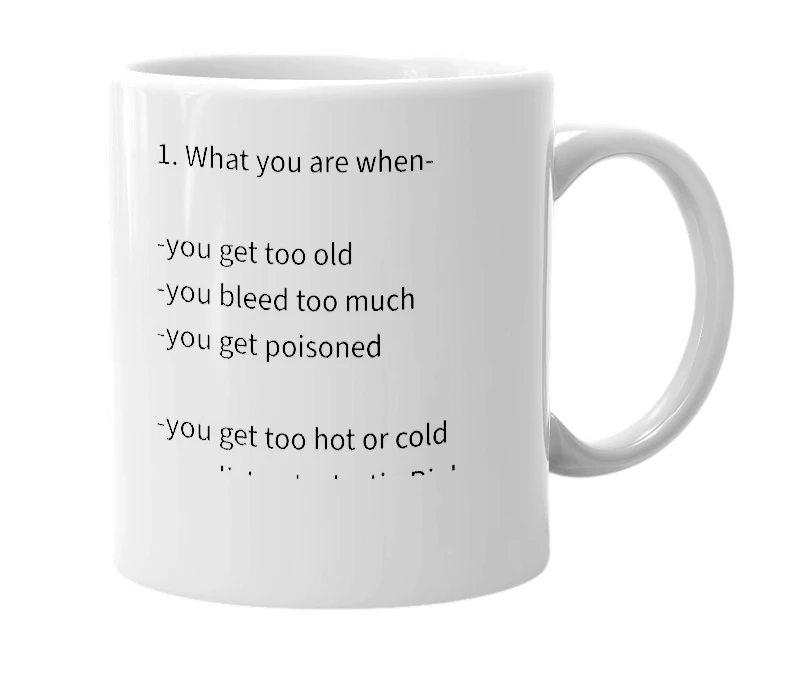 White mug with the definition of 'Dead'