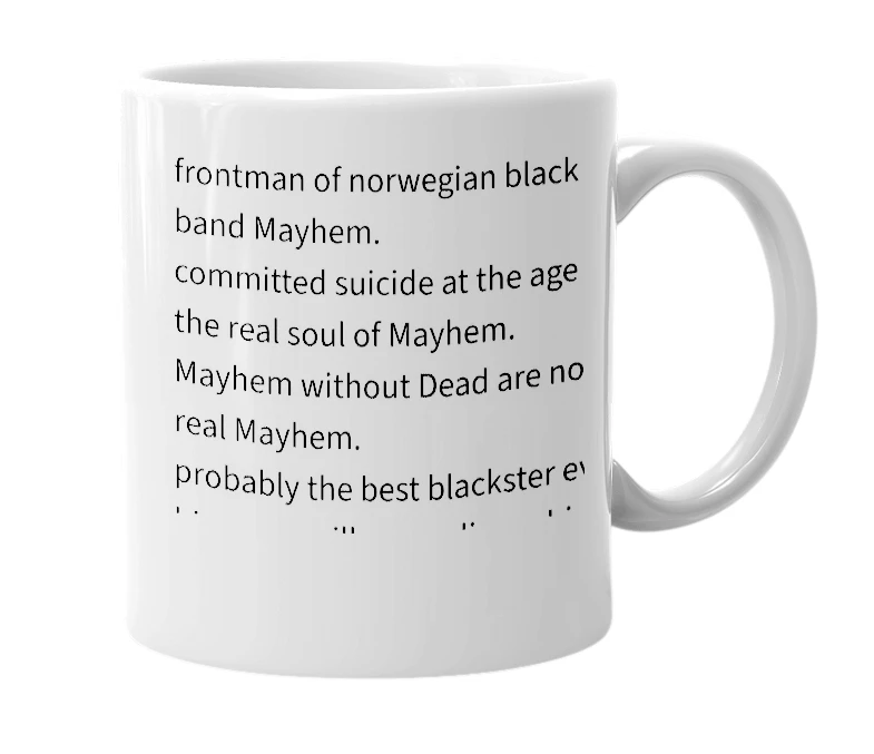 White mug with the definition of 'Dead'