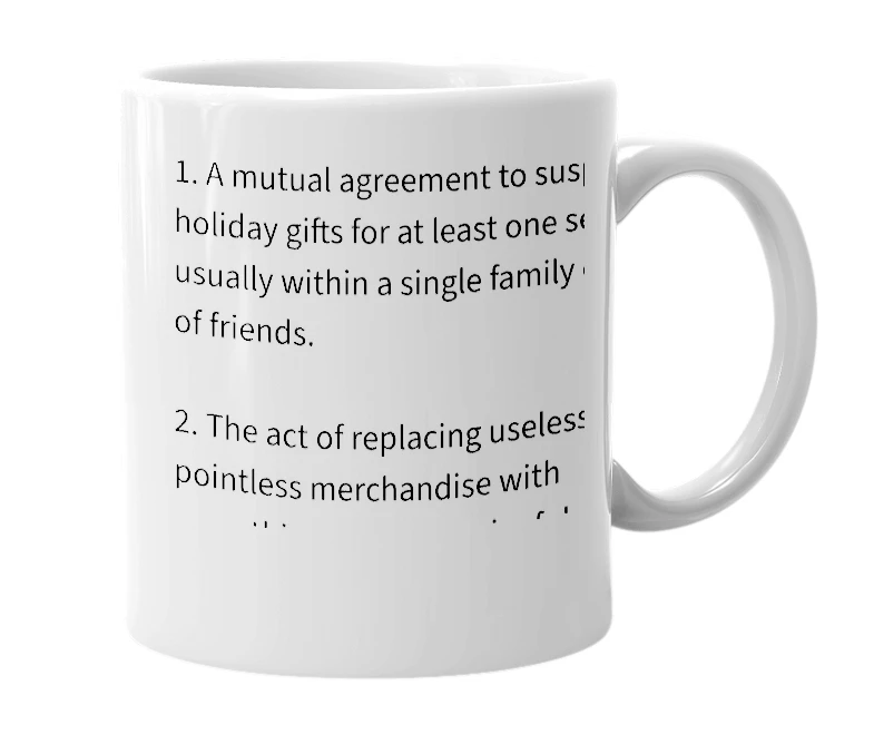 White mug with the definition of 'Degifting'