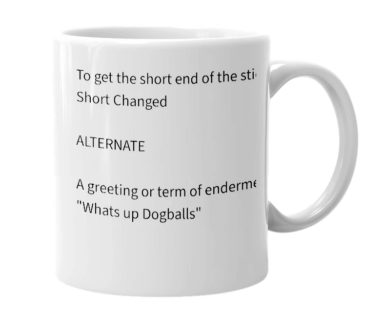 White mug with the definition of 'Dog Balls'