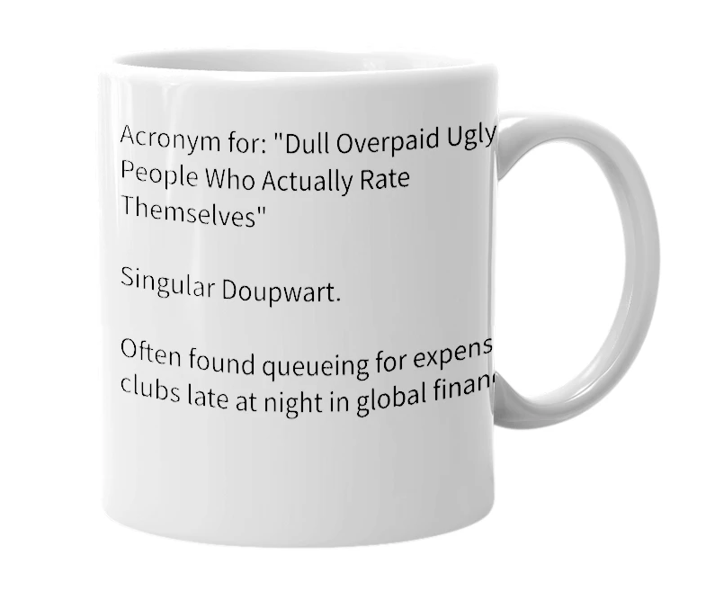 White mug with the definition of 'Doupwart'