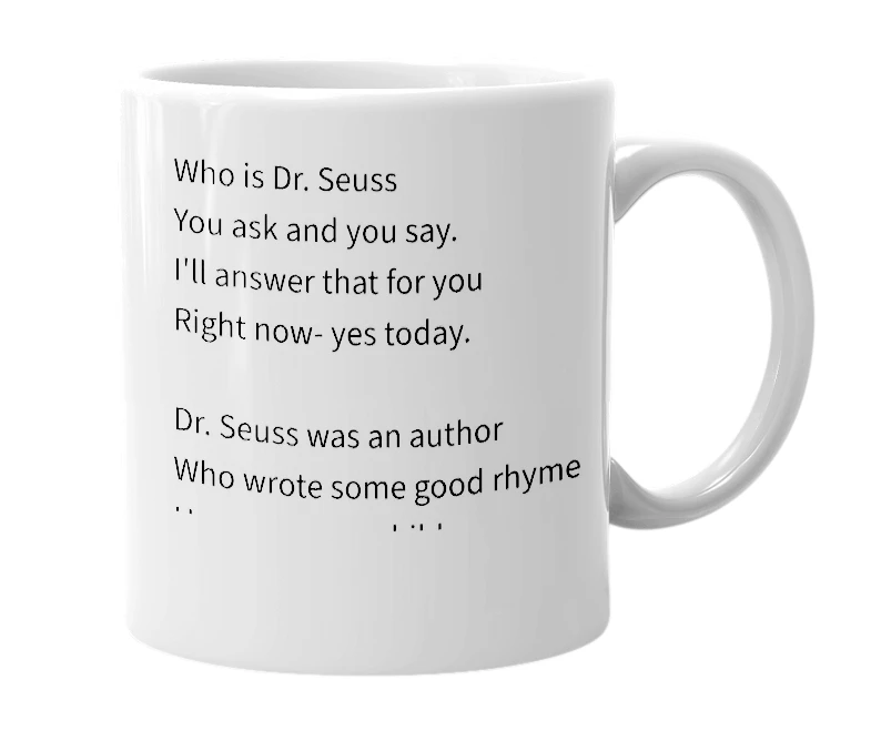 White mug with the definition of 'Dr. Seuss'