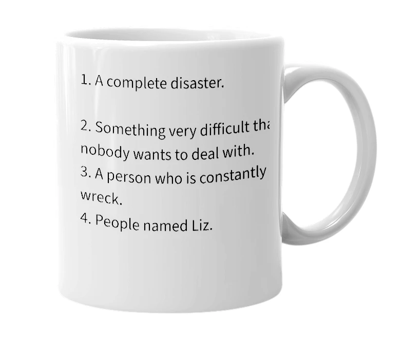 White mug with the definition of 'Dumpster Fire'