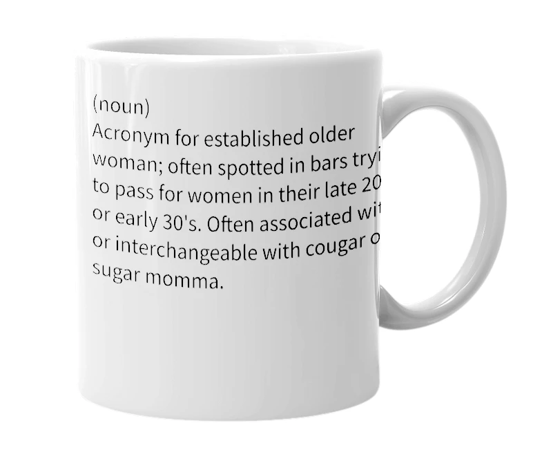 White mug with the definition of 'E.O.W.'